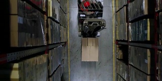 在一个仓库里，摄像机吊在纸板箱的架子上