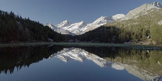 空中雪山山谷与湖镜反射-因约国家森林，小湖山谷小径(宝石湖)，主教，加利福尼亚州