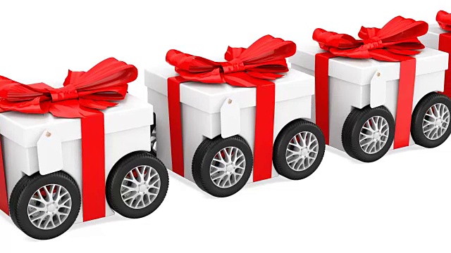 带轮子的礼盒，礼品递送概念，动画。3D渲染孤立的白色背景