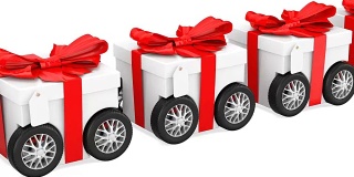 带轮子的礼盒，礼品递送概念，动画。3D渲染孤立的白色背景