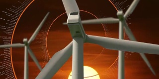 风力涡轮机与日落和数字生成背景动画的复合剪辑
