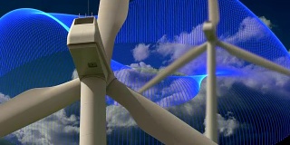 旋转的风力涡轮机与计算机动画背景