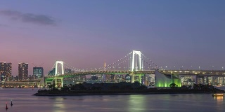 东京日落城市天际线白天到晚上的时间流逝在彩虹桥，台场，日本东京，4K时间流逝