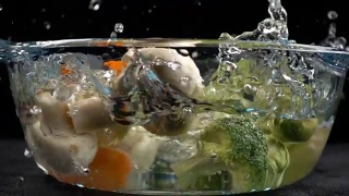 蔬菜落在玻璃锅上，溅起水花视频素材模板下载