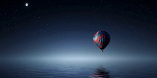 4k的月光之夜与热气球在水上