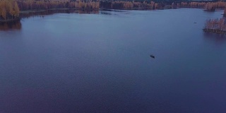 飞过蓝色的湖，在秋天的森林里。龙利小船漂浮在荡漾的水面上
