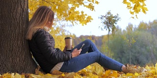 一名女子在秋叶黄叶旁坐在树上，用4k手机