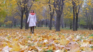 米色大衣和橙色围巾的女士走在秋天的黄叶地毯4k视频素材模板下载