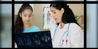 拉丁女医生拿着病人的x光片。她正在给年轻的拉丁女病人做体育检查。