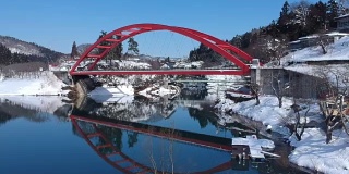 红桥冬季景观，三岛，日本福岛