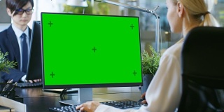 在办公室里，女商人在她的办公桌前对着一台模拟的绿色屏幕的个人电脑工作。同事坐在她对面。现代看房间与玻璃和混凝土风格。