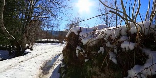 在法国比利牛斯山冬季的雪道上拍摄的灿烂的阳光
