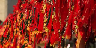 红旗在中国的鞭炮挂在树上，意味着财富，健康，最好的祝愿和好运