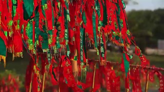 红旗在中国的鞭炮挂在树上，意味着财富，健康，最好的祝愿和好运视频素材模板下载