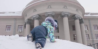 一个小孩在雪里玩。一个晴朗的冬日。新鲜的空气里充满了乐趣和游戏。