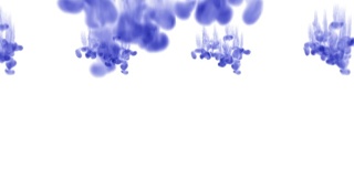 白色背景上的许多透明蓝色墨水流从上到下依次溶解在水中。侧视图。alpha通道是哑光亮度
