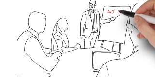 一个戴眼镜的年轻人站在白板旁边，指着图表，而他的同事们则坐在桌子旁听着