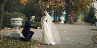 在秋天的公园里，新郎手捧婚礼花束，跪在新娘面前。慢动作