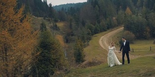一对年轻美丽的新婚夫妇一起漫步在秋天的环境中。结婚的那一天。慢动作