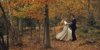 一对年轻美丽的新婚夫妇在秋天的森林里跳舞。结婚的那一天。慢动作