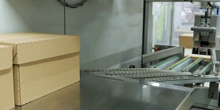 纸板箱由传送带上的机器人收集和运输