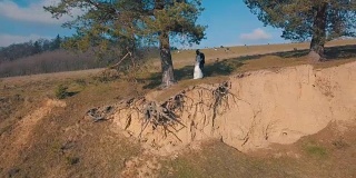 一对年轻美丽的新婚夫妇一起站在山坡上。结婚的那一天。空中拍摄