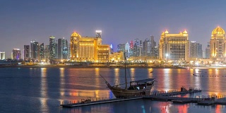从卡塔拉海滩白天到晚上的时间推移在多哈，卡塔尔，向西湾和城市中心