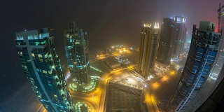 西海湾地区的天际线从多哈的顶部到夜晚的时间流逝，卡塔尔