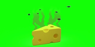有苍蝇的臭奶酪。3D动画动画风格，绿色画面，可循环播放。