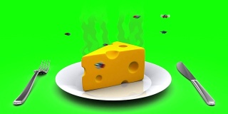 盘子上的奶酪。卡通风格的3D动画。绿屏,loopable。