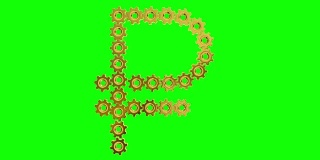 金色齿轮-俄罗斯卢布标志，4K。无缝循环，绿色画面。