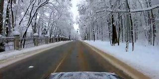 汽车行驶在冰雪覆盖的公路上，沿途是冬日的森林