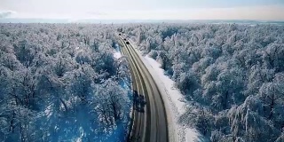 汽车在白雪覆盖的森林中行驶