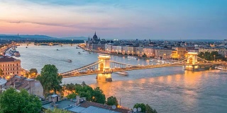 布达佩斯城市天际线在多瑙河上的日日夜夜流逝，匈牙利布达佩斯4K时间流逝