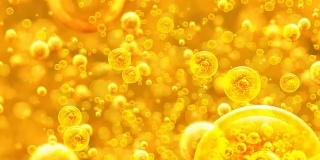 金色背景与大、小金色气泡油内的黄金液体项目，油，蜂蜜，啤酒，果汁或其他变种