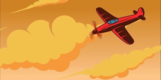 复古风格的动画天空与飞机。卡通风格航空运输