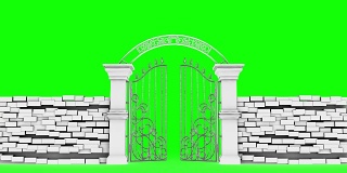 白色的门打开在绿色的背景，3D动画