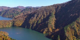 平拍:日本福岛，Tadami, Tagokura大坝上的湖和koyo红叶森林