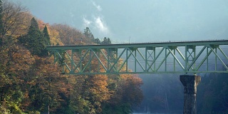 拍摄日本福岛三岛红叶景观二桥视点