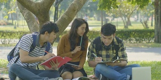 Group of young students friends sitting and talking outdoors while reading book in university park.