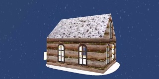 木制玩具房子旋转动画在冬天下雪的背景与标志出售，可循环