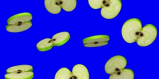 绿色的圆形苹果落在蓝色的屏幕上，无缝环，CG