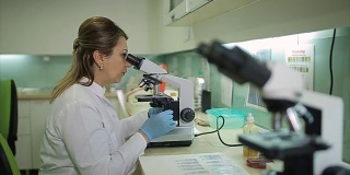 在微生物实验室通过显微镜观察的中年女医生