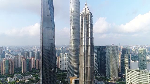 Drone shot: 4K Aerial view of Lujiazui Financial District in Shanghai.