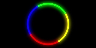 4K旋转或旋转4色红绿蓝黄圆在黑色背景。二维动画。运动图形和动画背景与灯光辉光。