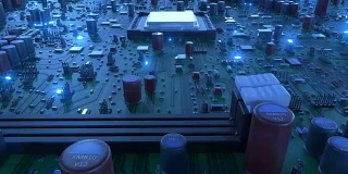 在蓝色信号的电路板和处理器上飞行。循环3d动画的主板和CPU与蓝色耀斑。技术与数字概念。