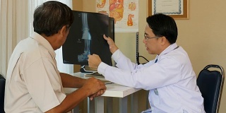 成熟的男医生和资深的男病人正在观察和讨论足部的MRI x线扫描