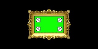 镜头放大到黑色背景上的金色相框。运动跟踪标记和绿色屏幕包括。3 d动画。