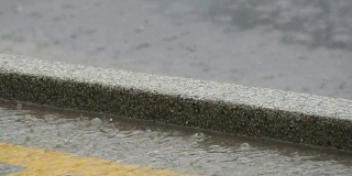 几滴大雨落在沥青上。热带降雨