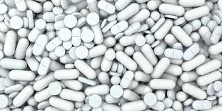 药丸和药片的3D CGI镜头落在白色的背景和覆盖屏幕。完美的药物或药物视频